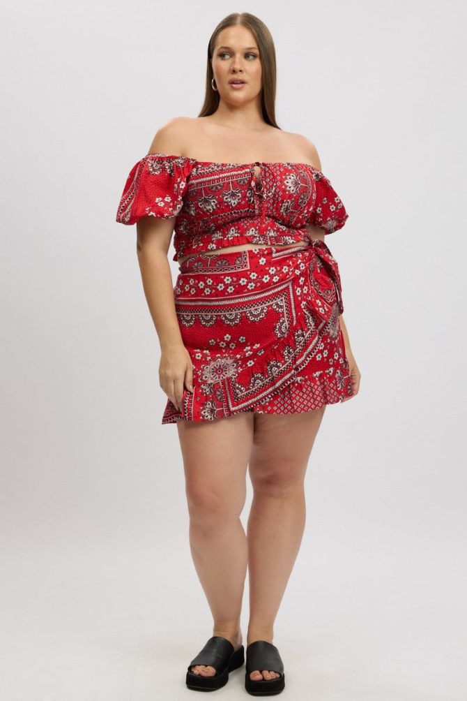 Red Boho Frill Wrap Mini Skirt