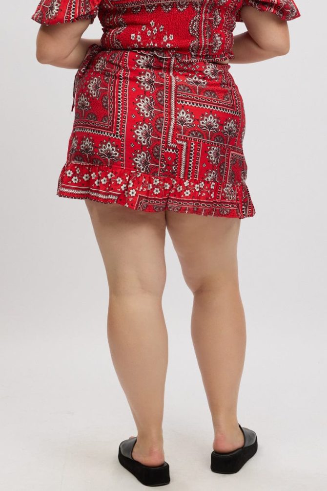 Red Boho Frill Wrap Mini Skirt