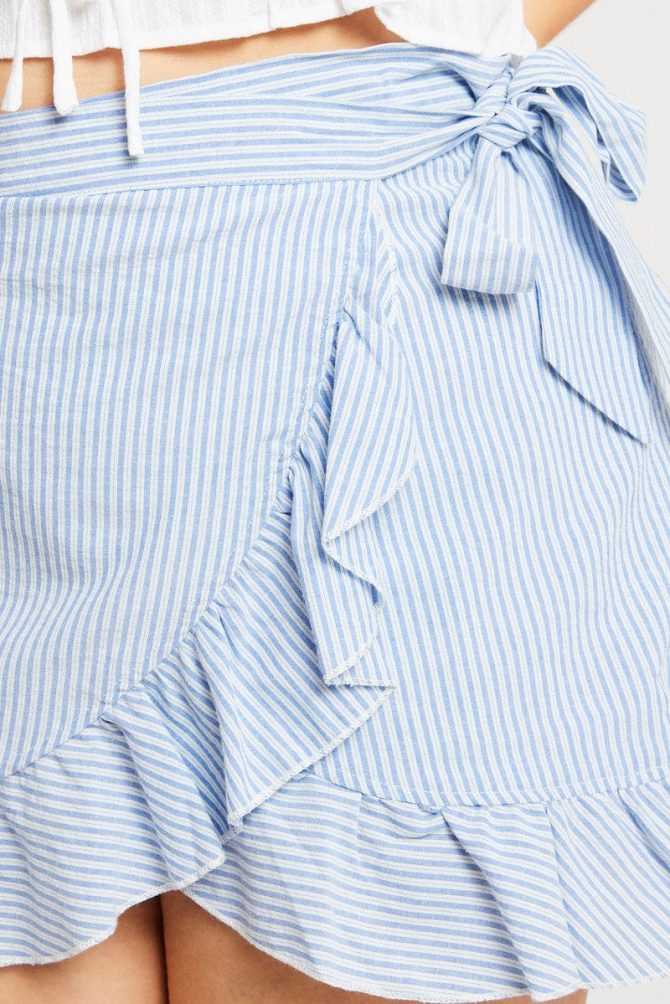 Blue Stripe Wrap Frill Miniskirt