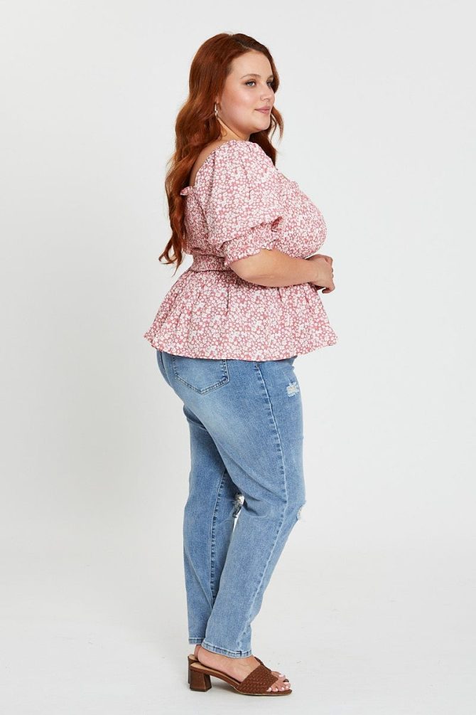 Ditsy Print Peplum Top Short Sleeve Shirredred