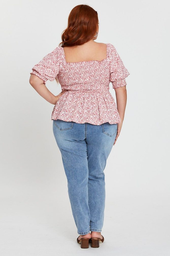 Ditsy Print Peplum Top Short Sleeve Shirredred