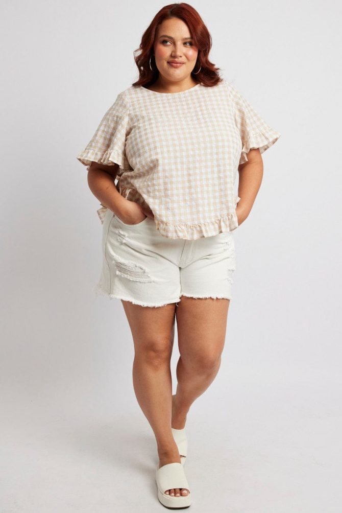 Beige Check Smock Top Short Sleeve