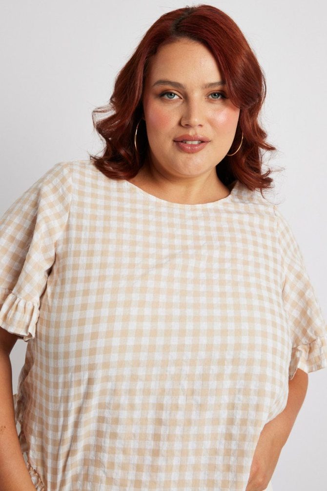 Beige Check Smock Top Short Sleeve