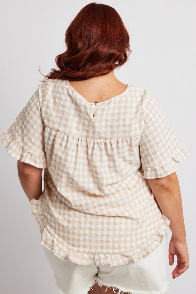 Beige Check Smock Top Short Sleeve