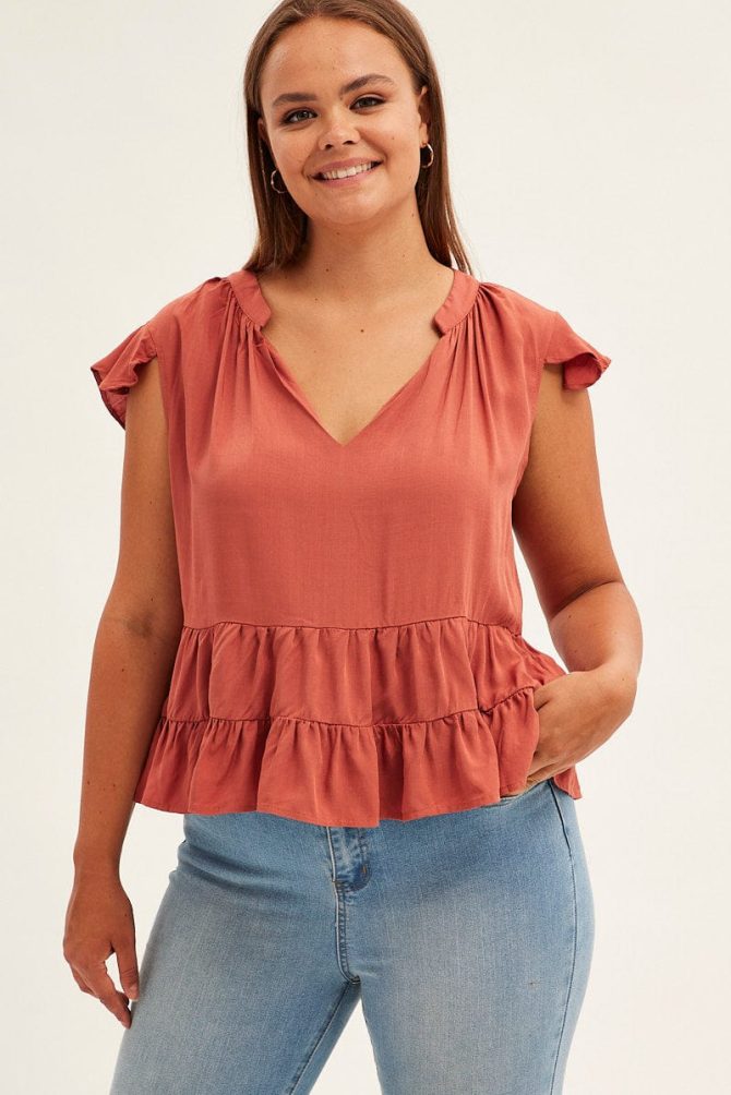 Brown Smock Top Short Sleeve V-neck Tiered