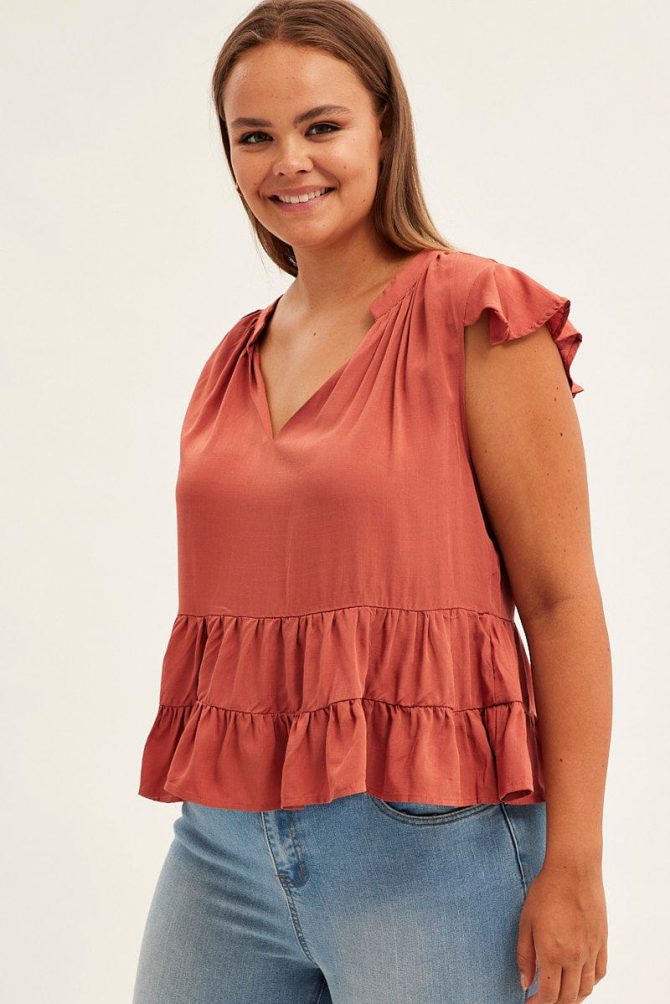 Brown Smock Top Short Sleeve V-neck Tiered