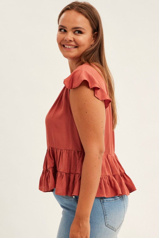 Brown Smock Top Short Sleeve V-neck Tiered