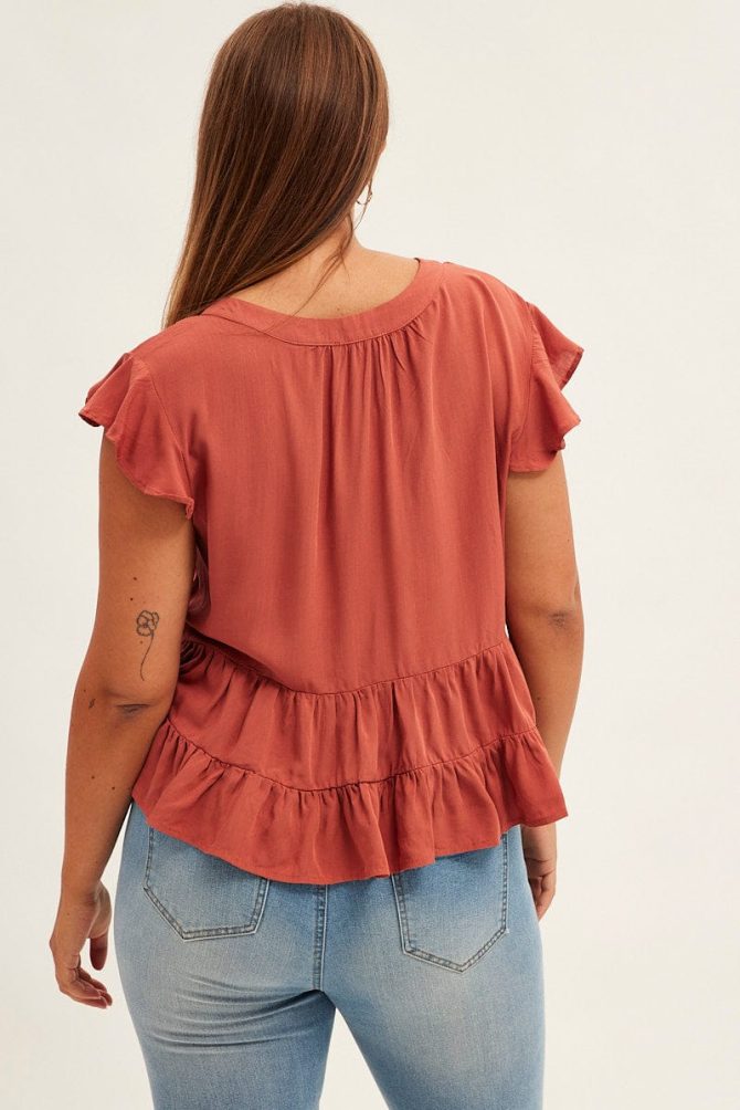Brown Smock Top Short Sleeve V-neck Tiered