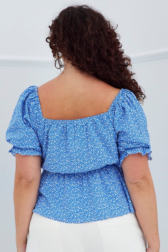 Blue Ditsy Peplum Top Short Sleeve Ruched Bust