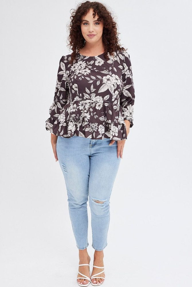 Brown Floral Smock Top Long Sleeve Tiered
