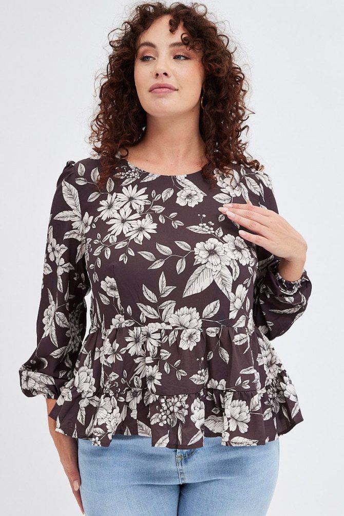 Brown Floral Smock Top Long Sleeve Tiered