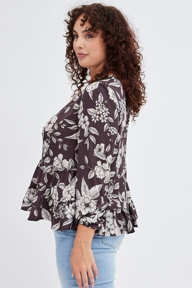 Brown Floral Smock Top Long Sleeve Tiered