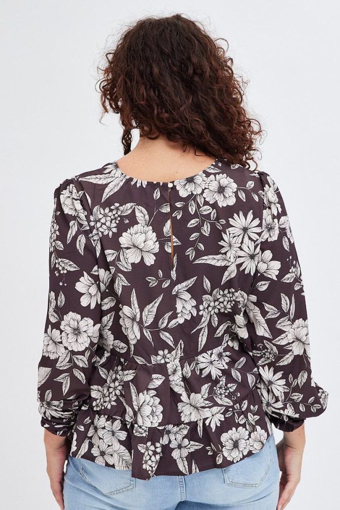 Brown Floral Smock Top Long Sleeve Tiered