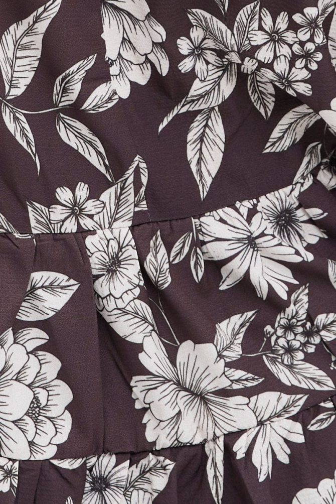 Brown Floral Smock Top Long Sleeve Tiered