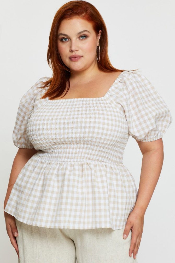 Check Peplum Top Square Neck Short Sleeve Shirred