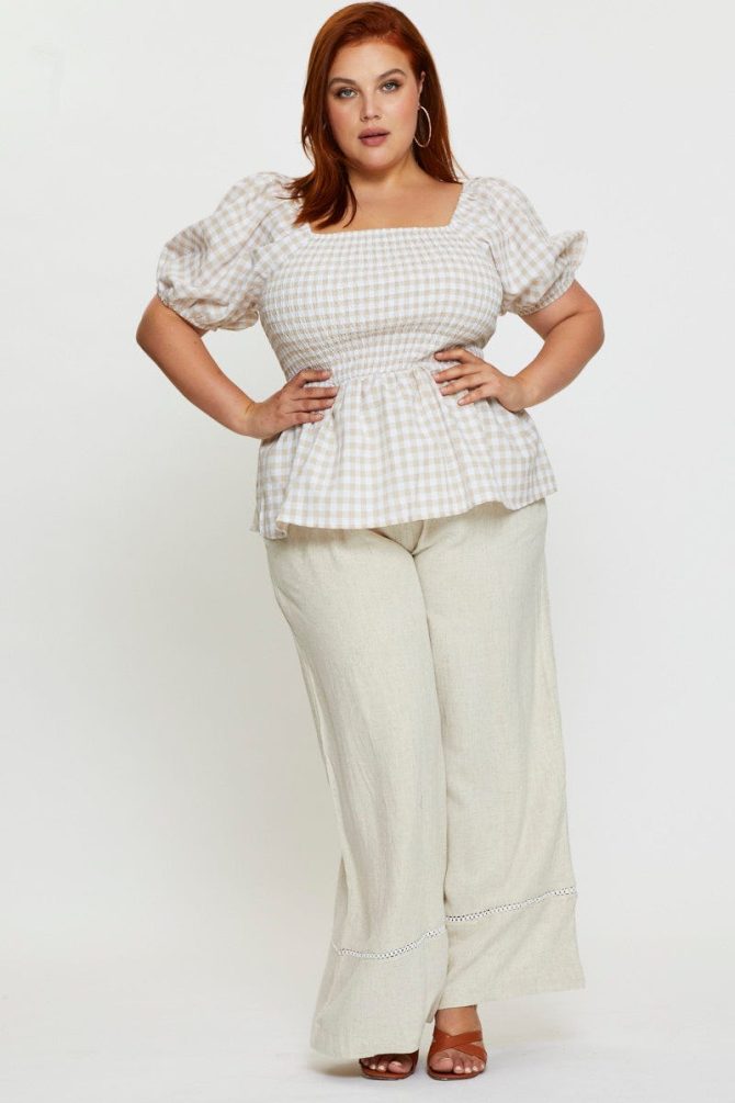 Check Peplum Top Square Neck Short Sleeve Shirred