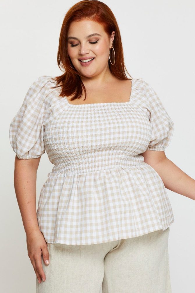 Check Peplum Top Square Neck Short Sleeve Shirred