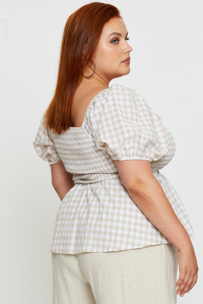 Check Peplum Top Square Neck Short Sleeve Shirred
