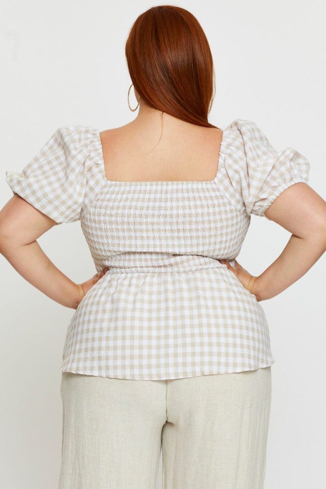 Check Peplum Top Square Neck Short Sleeve Shirred