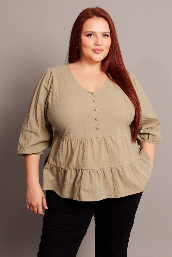 Green Smock Top 3/4 Sleeve V-neck