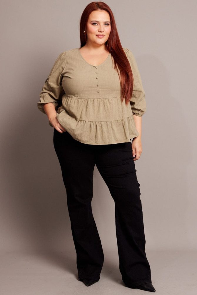 Green Smock Top 3/4 Sleeve V-neck