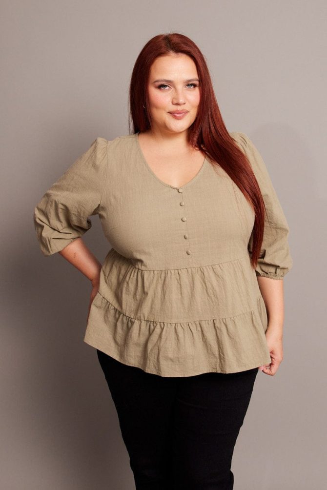 Green Smock Top 3/4 Sleeve V-neck