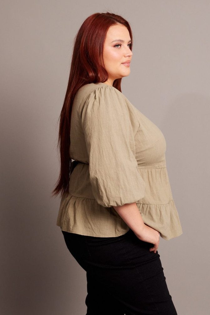 Green Smock Top 3/4 Sleeve V-neck