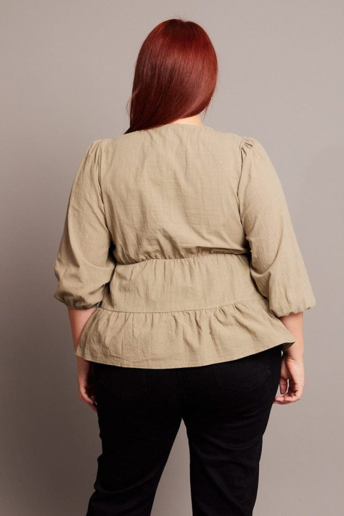Green Smock Top 3/4 Sleeve V-neck