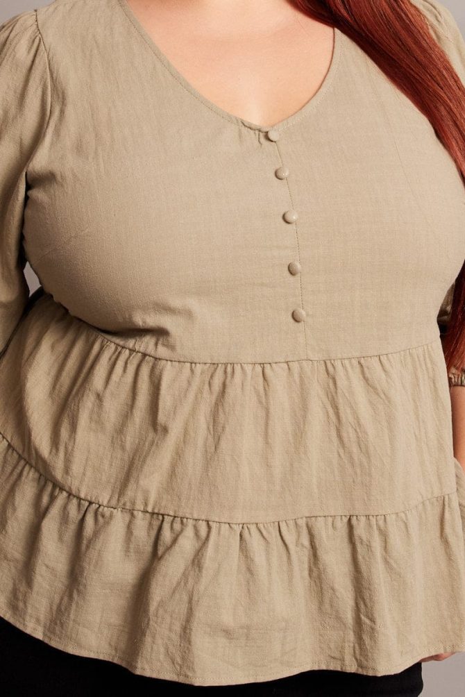 Green Smock Top 3/4 Sleeve V-neck