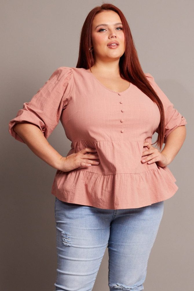 Brown Smock Top 3/4 Sleeve V-neck