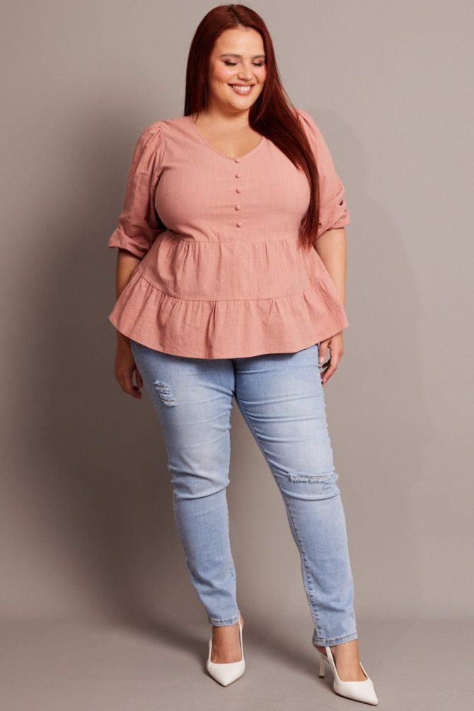 Brown Smock Top 3/4 Sleeve V-neck