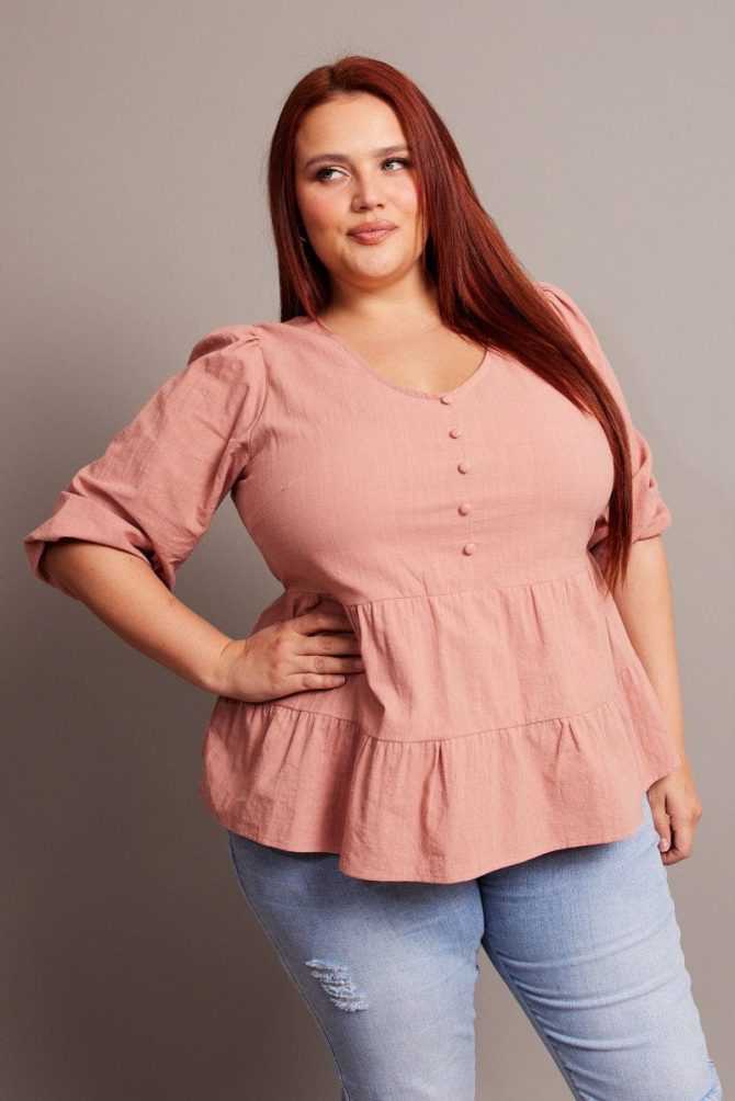 Brown Smock Top 3/4 Sleeve V-neck