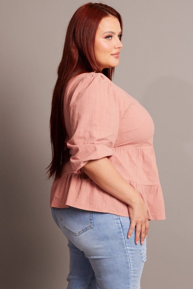 Brown Smock Top 3/4 Sleeve V-neck
