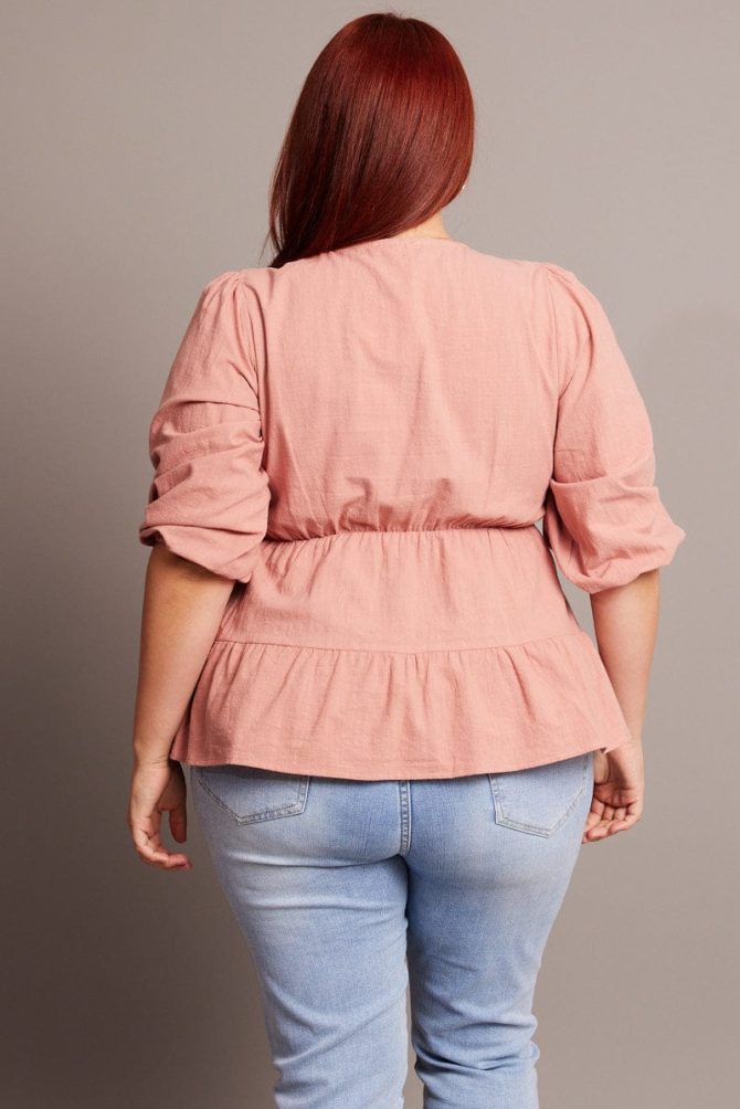 Brown Smock Top 3/4 Sleeve V-neck