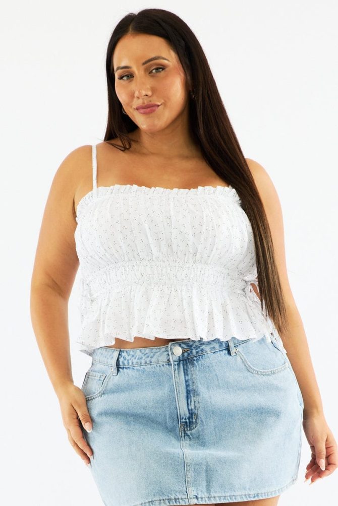 White Ditsy Cami Crop Top Ruched Side Tie