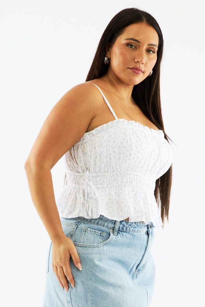 White Ditsy Cami Crop Top Ruched Side Tie