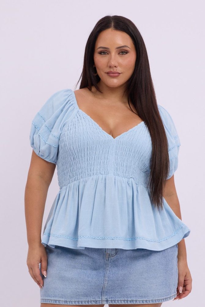 Blue Shirred Smock Top Short Sleeve