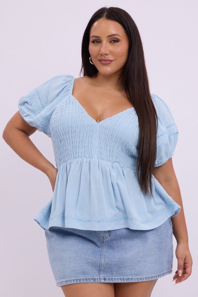 Blue Shirred Smock Top Short Sleeve