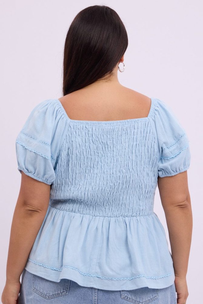 Blue Shirred Smock Top Short Sleeve