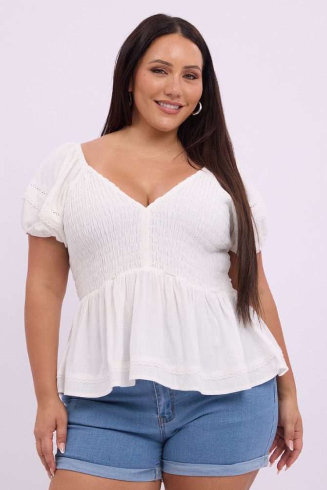 White Shirred Smock Top Short Sleeve