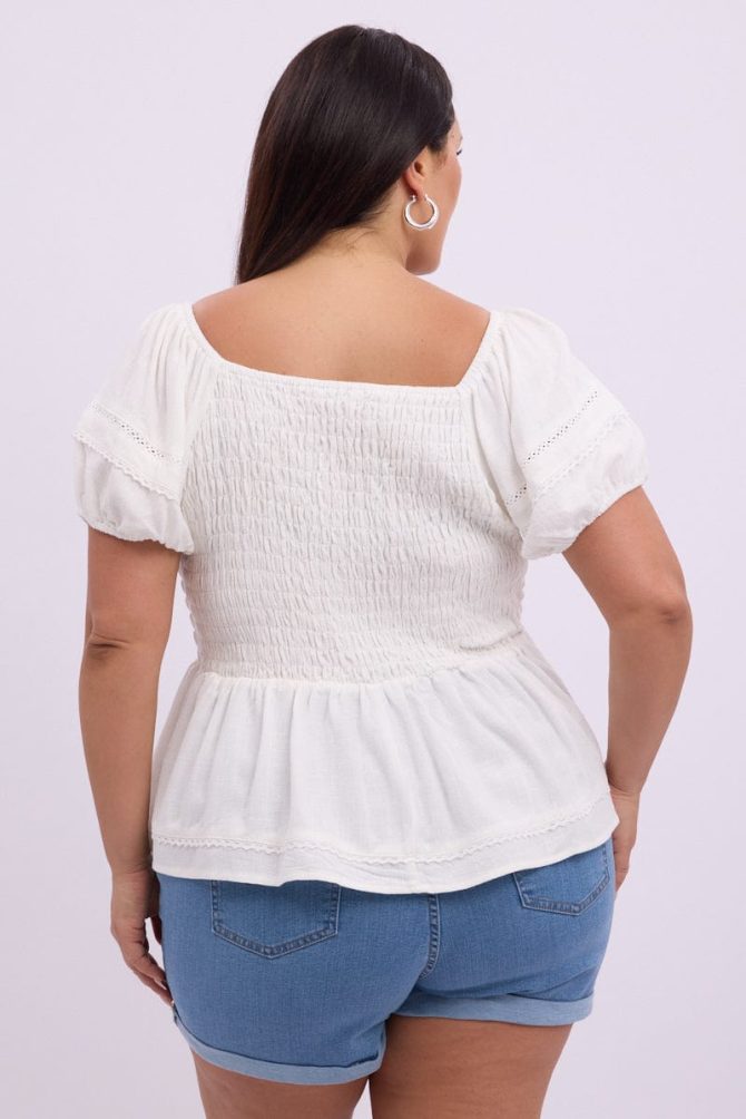 White Shirred Smock Top Short Sleeve
