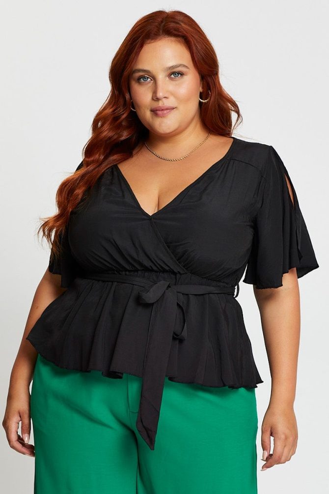 Red Wrap Top Peplum Short Sleeve