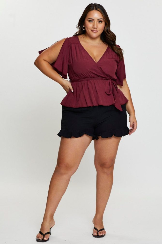 Red Wrap Top Peplum Short Sleeve