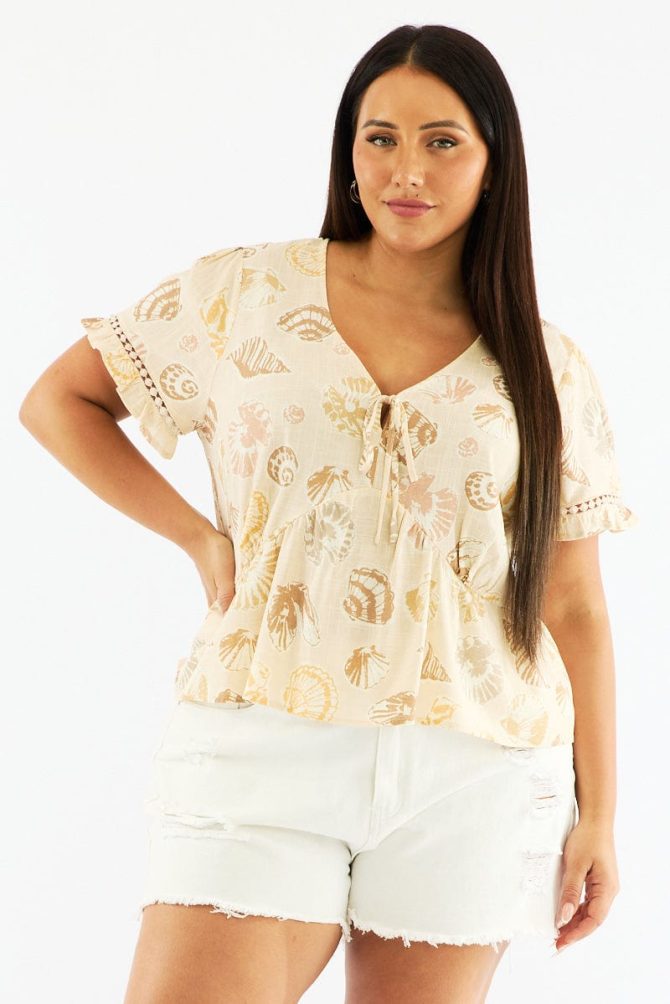 Beige Abstract Smock Top Short Sleeve Linen Blend
