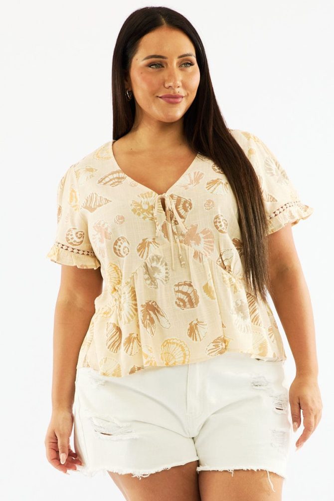 Beige Abstract Smock Top Short Sleeve Linen Blend