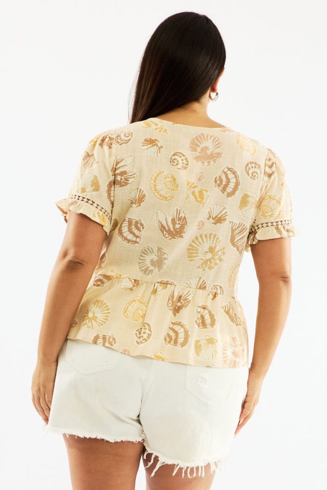 Beige Abstract Smock Top Short Sleeve Linen Blend