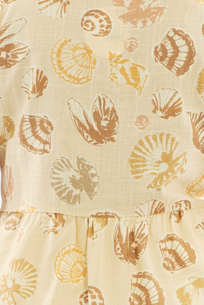 Beige Abstract Smock Top Short Sleeve Linen Blend