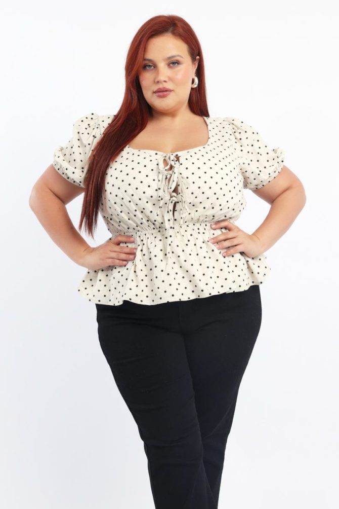 Beige Polka Dot Tie Front Peplum Top Linen Blend