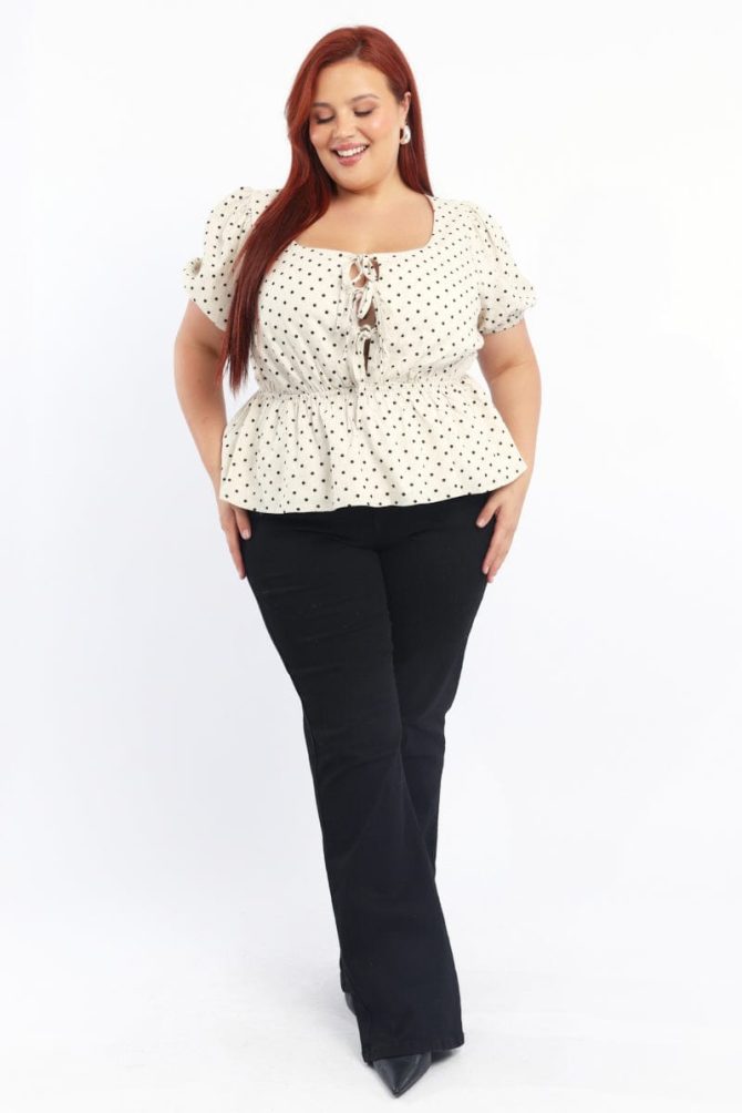 Beige Polka Dot Tie Front Peplum Top Linen Blend