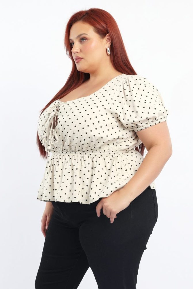 Beige Polka Dot Tie Front Peplum Top Linen Blend